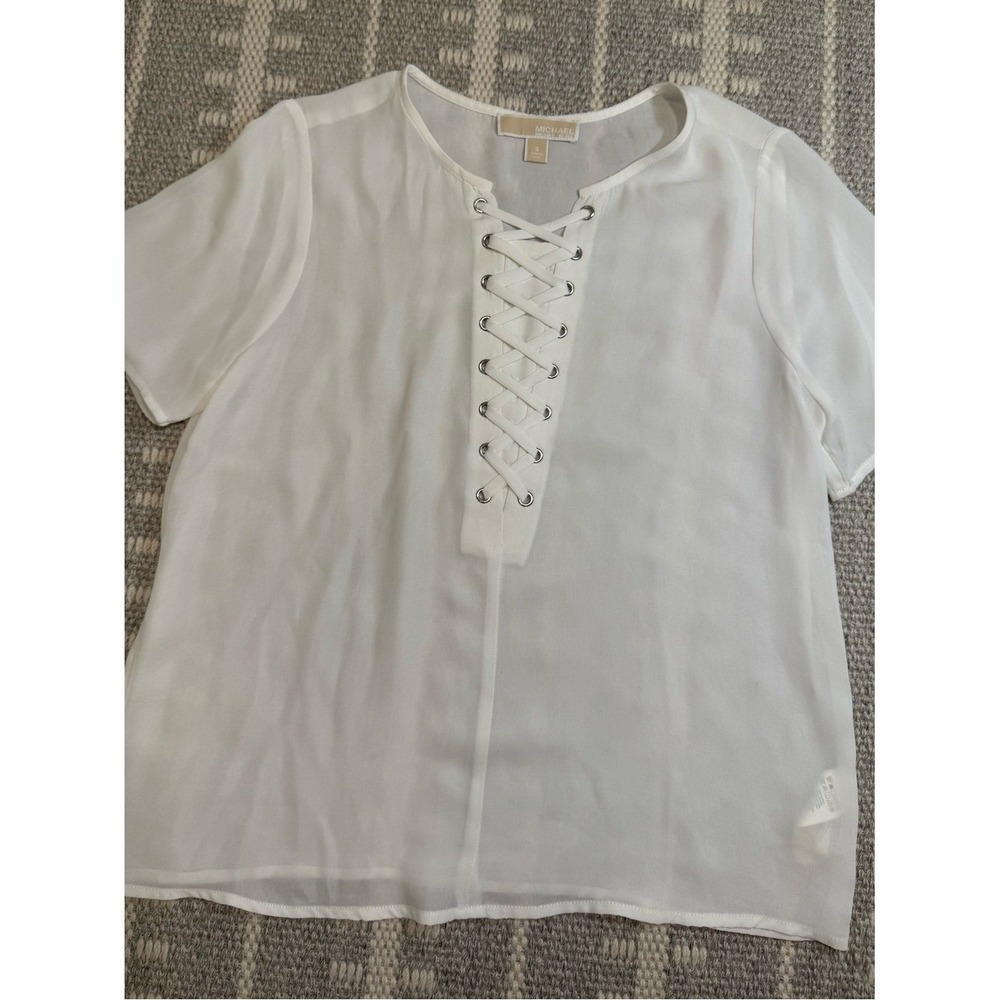 Michael Kors Small White Lace-Up Silky Blouse Short Sleeve